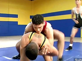 Sporty homosexual guys fucking well in threesome