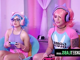 Gamer Girls Leana Lovings & Krissy Knight Get Their Racy Pussies Fucked While Playing - TeamSkeet