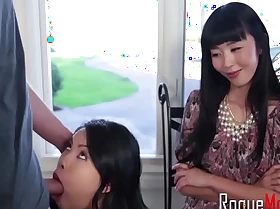 Asian mother and daughter share one cock