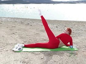 Doing Yoga Stretching Nerby Beautiful Lake