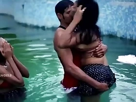 Husband fucks his wife and friend in pool in threesome