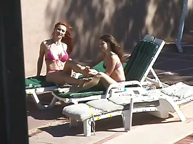 Poolside double penetration session for three gorgeous pussy eating lesbians