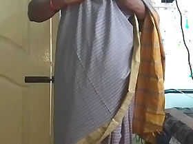Desi indian tamil telugu kannada malayalam hindi horny cheating wife vanitha debilitating grey colour saree resembling fat boobs and shaved cunt press hard boobs press nip rubbing cunt masturbation