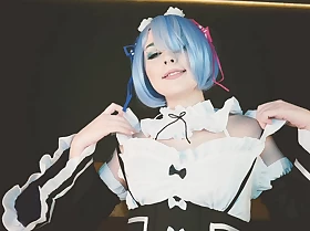 Young lady girl Rem from In reference to Zero is missing  added to plays double dildo - Cosplay Spooky Boogie