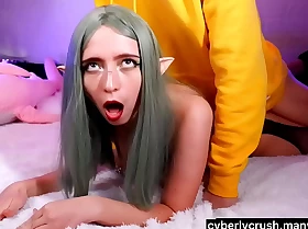 Submissive petite elf with chubby titts enjoys rough fuck and get spunk on face