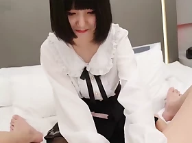 Giving an 18-year-old black-haired Japanese cooky a handjob and taking a creampie POV uncensored