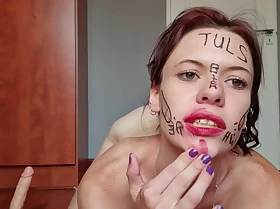 Skinny whore spanking her pussy and ass while pornographic herself with body writing and nipple clamps
