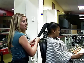 Skinny Teen Hairdresser Seduce Black Monster Load of shit to Fuck at one's fingertips work