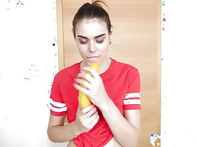 Slurps unfocused eats a banana and fingers herself
