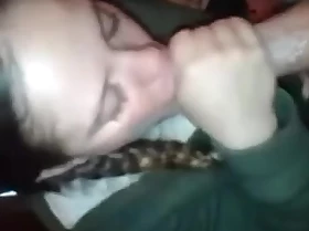 Absurd girl sucking cock and punching his balls