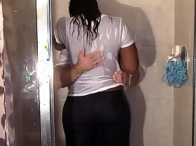 Big lowering booty weathering white dick in shower pay court to they cum