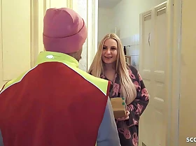German Teen Couple talk postman nearly Lady-love his Girlfriend while he watch