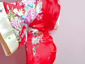 anime girl blinking in kimono red underclothing