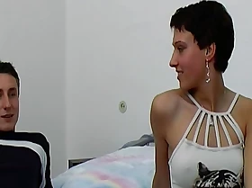 Short haired German babe delightful two immutable cocks at once