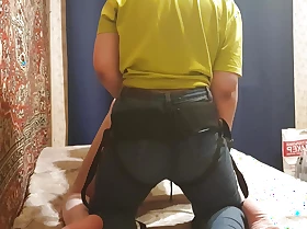 Mistress fucks with sew on her man slave